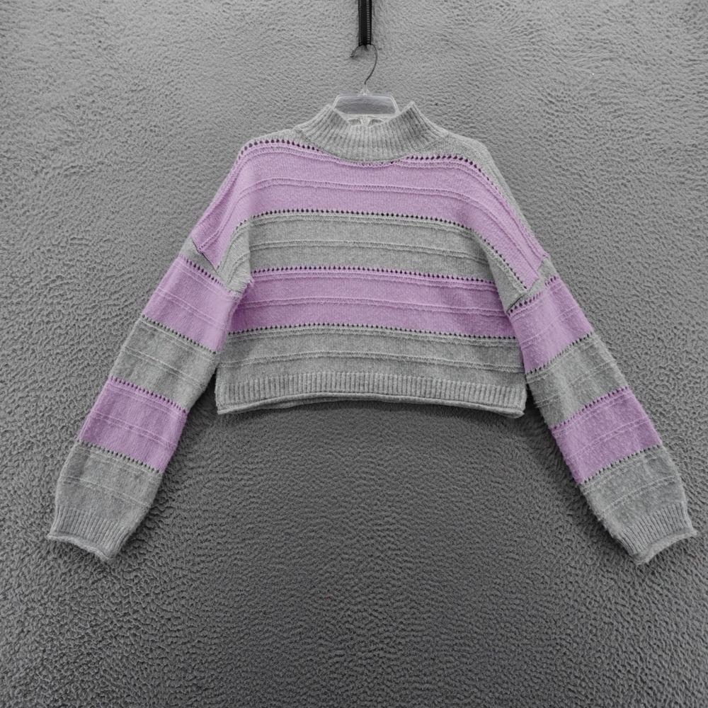 NYC Knits Womens Purple Stripe Mock‎ Neck Cropped Sweater Pullover Large NEW